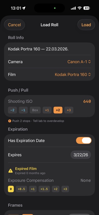 F8t analog light meter app workflow - film roll loading, exposure metering, shot logging, and roll tracking